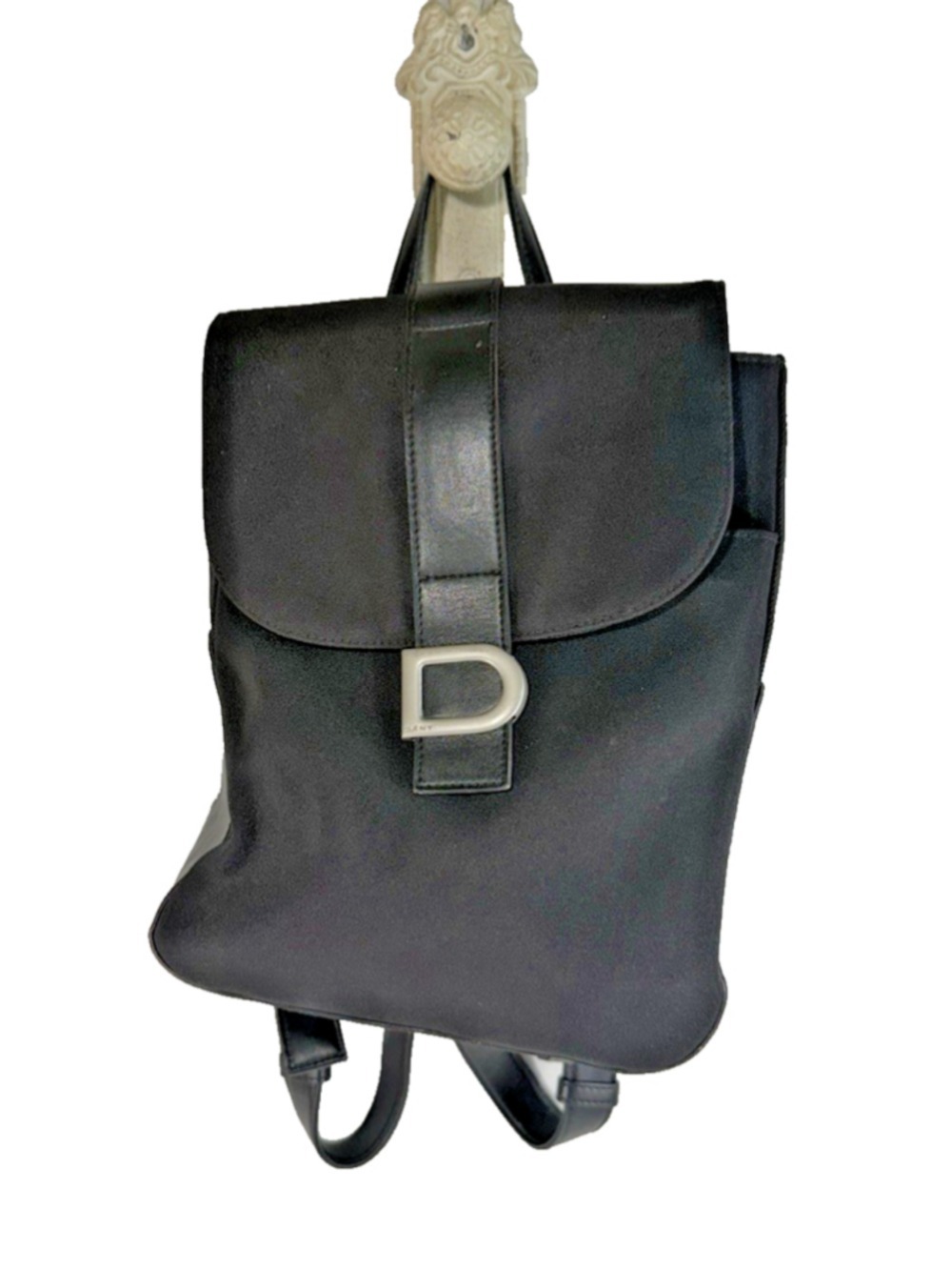 DKNY Black Canvas And Leather Backpack
